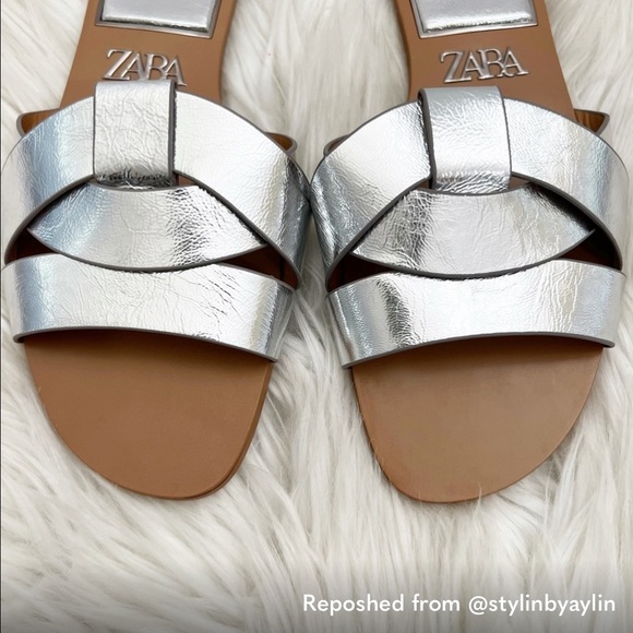 Zara Flat Crossed Leather Sandals 37 - Picture 1 of 11